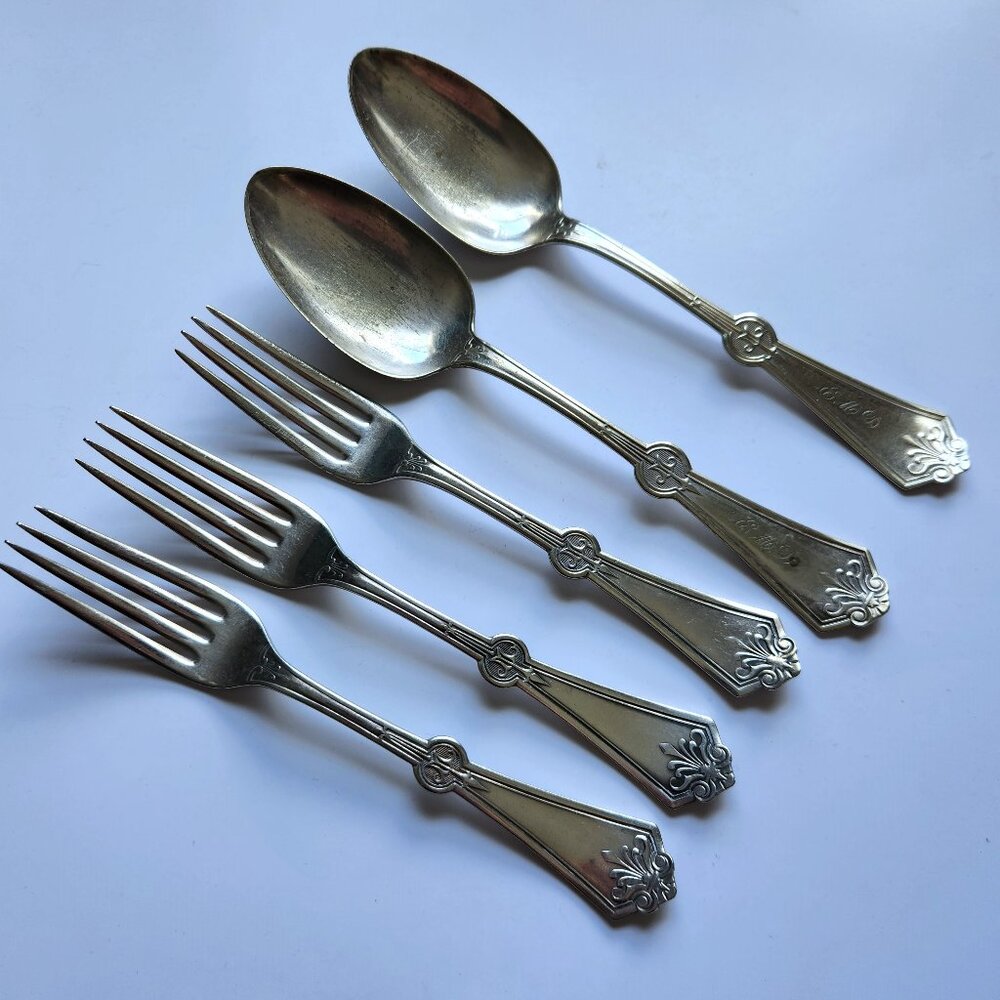 Early 1870s Vintage Silver Plate Dinner Forks & Spoons Persian Pattern Rogers